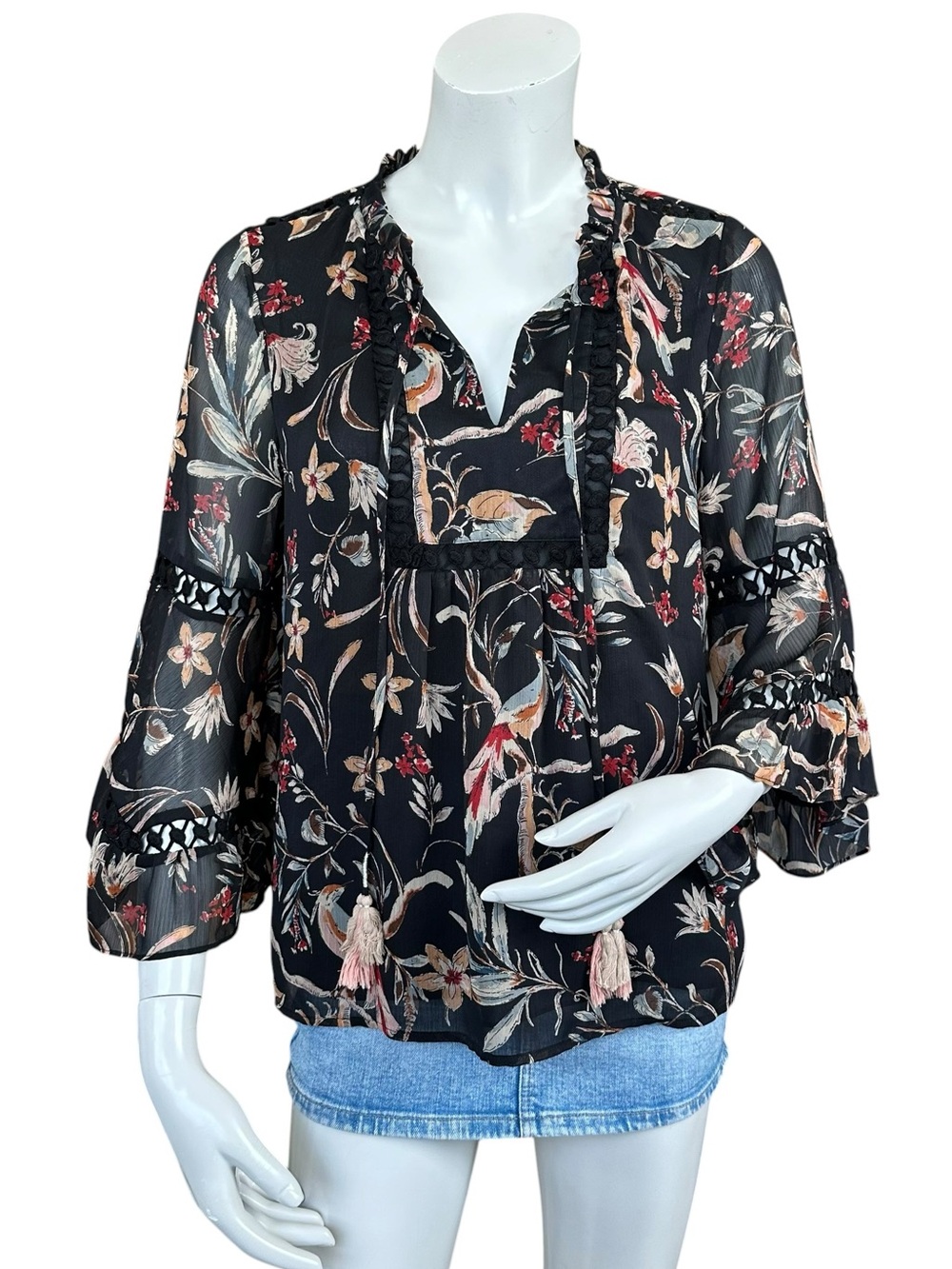 Anthropologie Maeve Odette Black Beige Red Floral Print Flare Sleeve Peasant Top